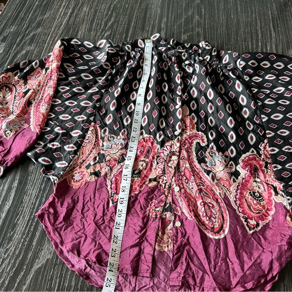Lucky Brand 100% Silk Batwing Oversized Balloon Sleeve Paisley Burgundy Top XS - Picture 8 of 11